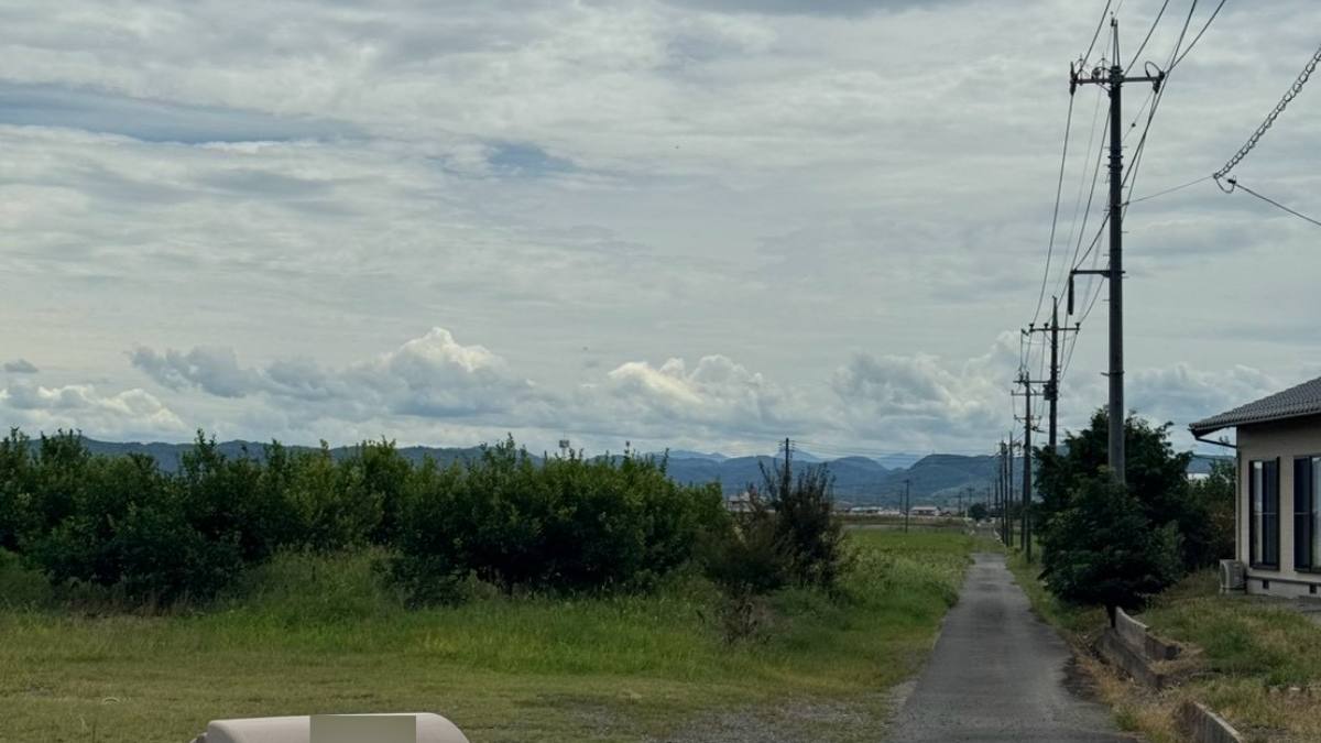 みかん畑の脇に伸びる細い舗装路と遠くの山並み