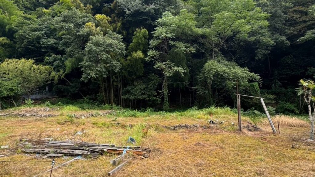 山を背にした更地に積み上げられた廃材