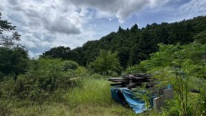 草に埋もれた敷地に積まれた古材とブルーシート