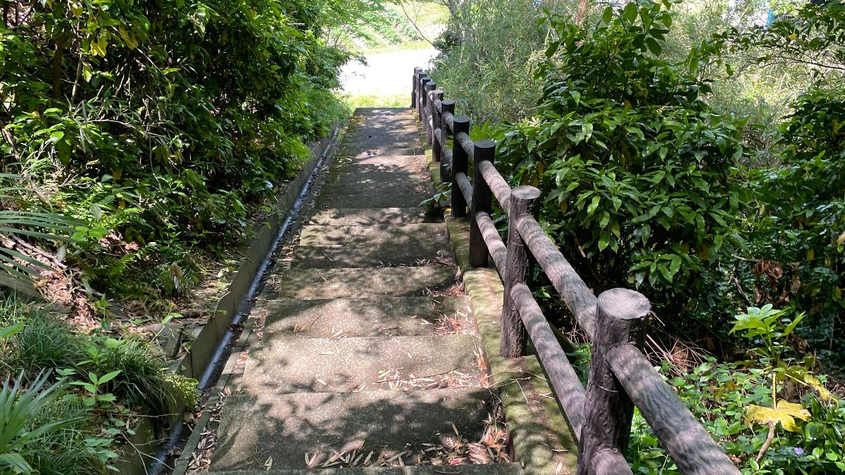 木立の中を抜ける階段状の細い通路
