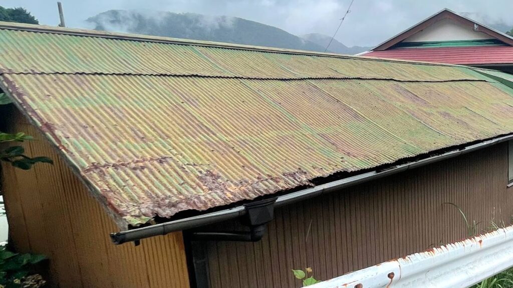 錆びて苔むしたトタン屋根の平屋