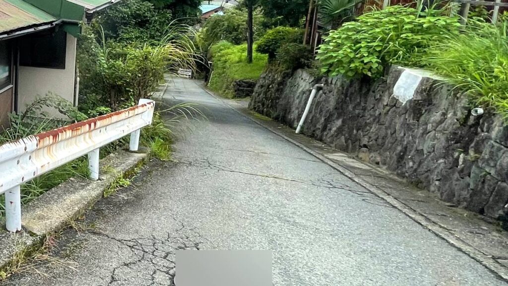 山あいの集落へ続く細い舗装路